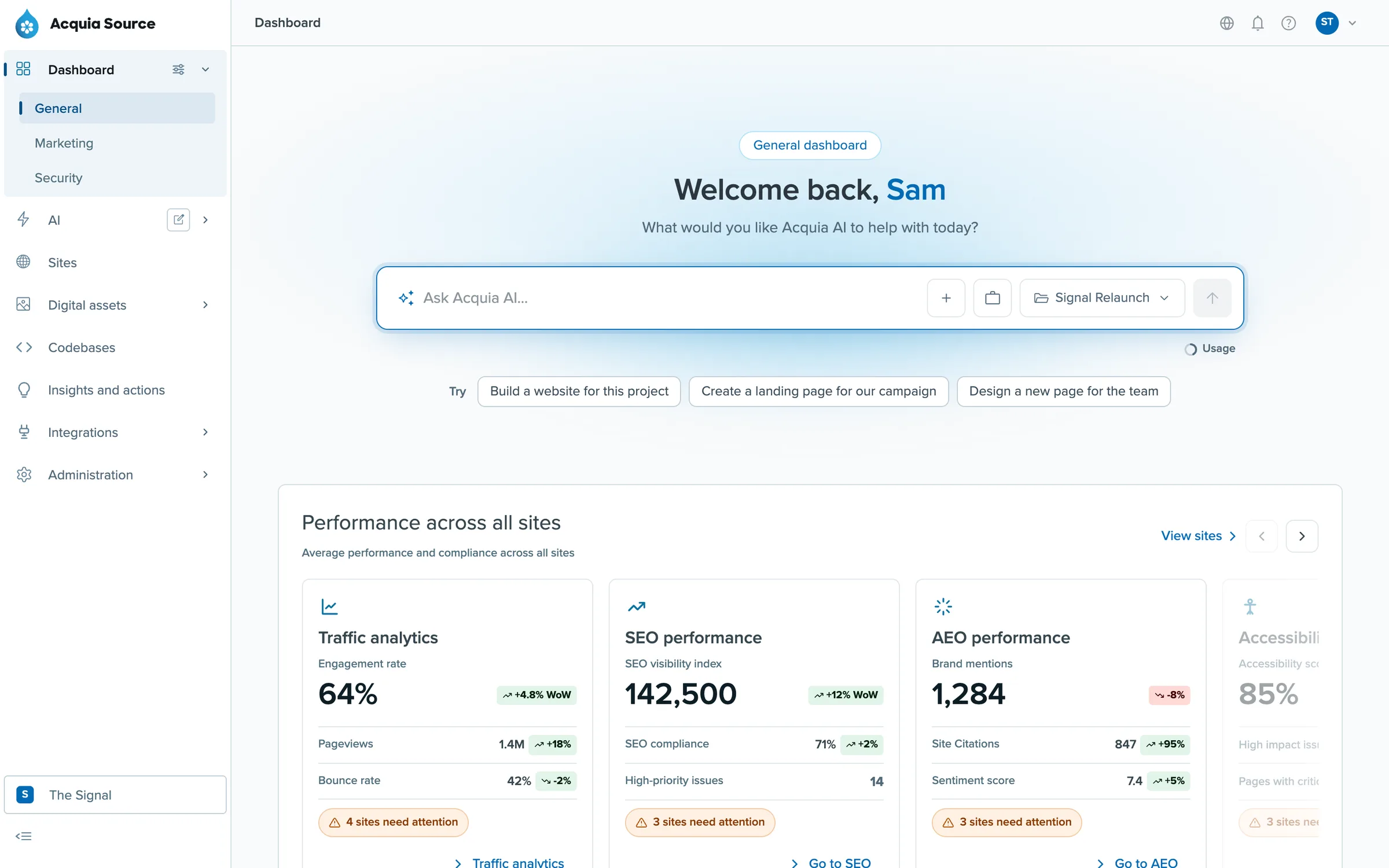 The Acquia Source dashboard, with an Ask Acquia AI box above performance cards for every site