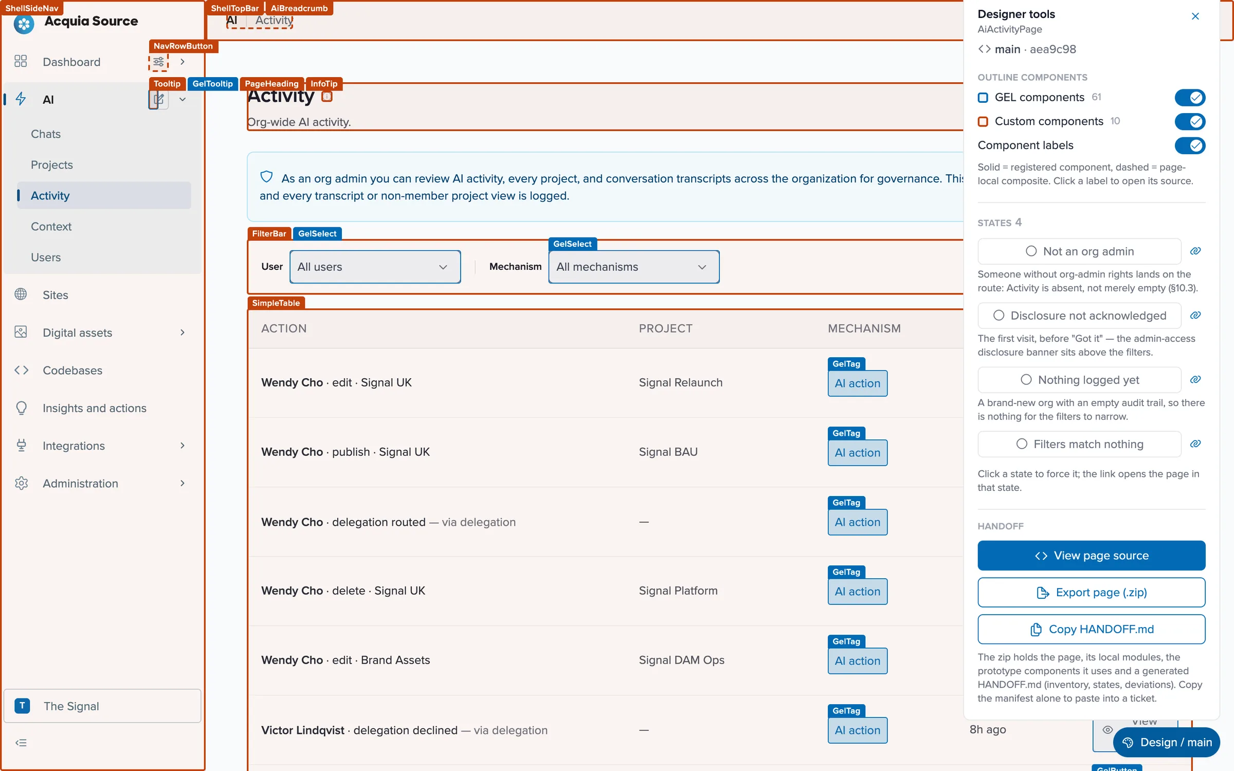 The AI Activity page with designer tools on: components outlined and labelled, and a panel of page states and handoff options