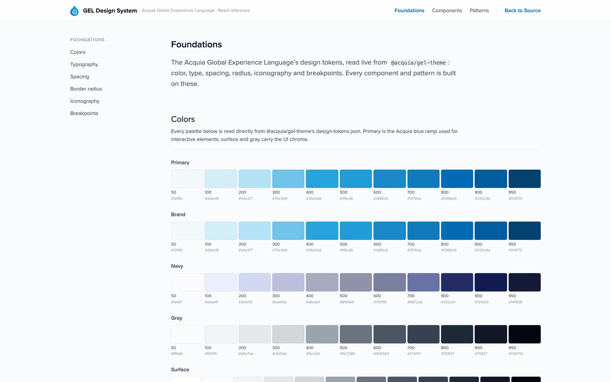 GEL foundations page showing colour ramps read from the design tokens