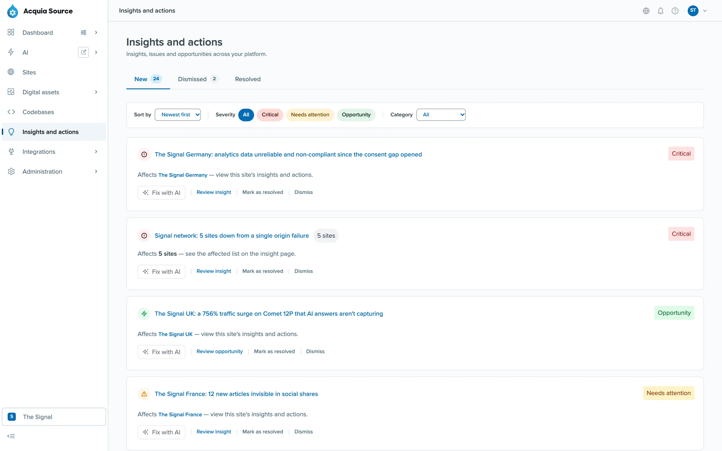 Insights and actions page listing critical issues and opportunities across sites