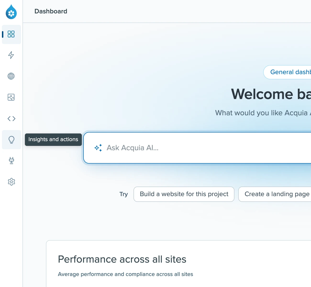 The side nav collapsed to icons, with a tooltip reading Insights and actions