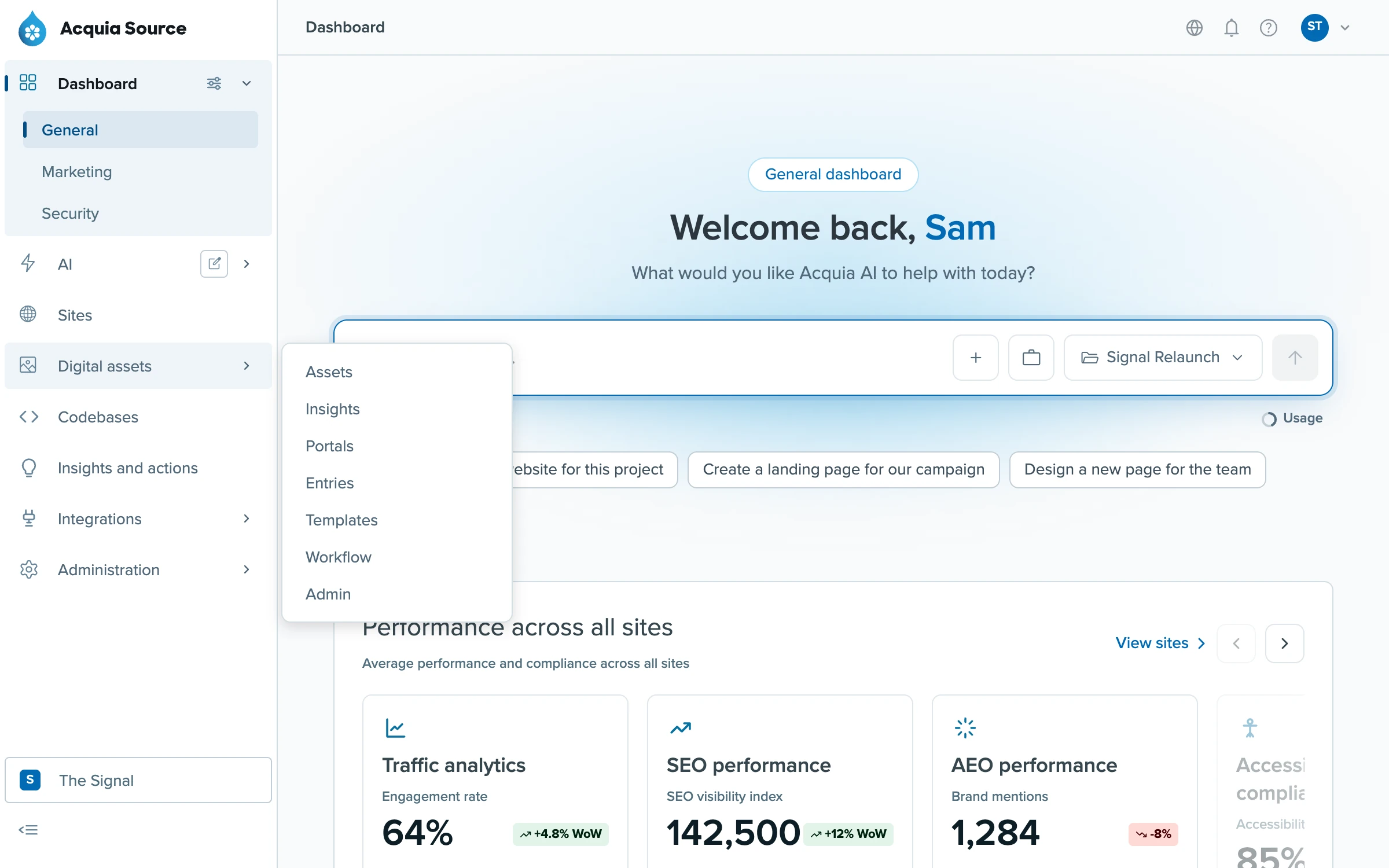 The Source dashboard with the side nav's Dashboard section open as a nested list, and the Digital assets sub-menu popped out beside it on hover