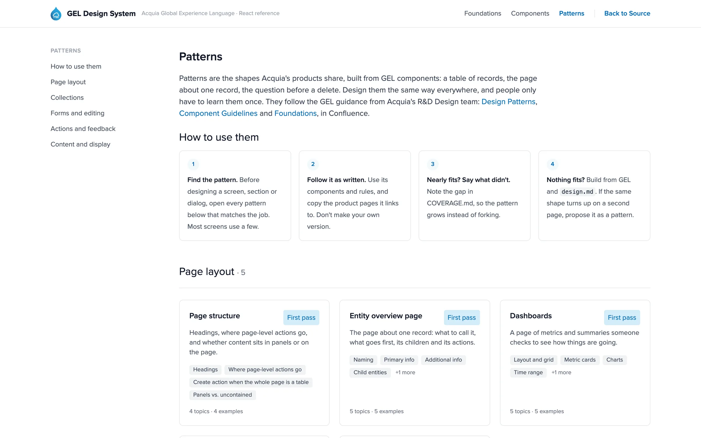 The patterns library page, grouped into page layout, collections, forms, feedback and display