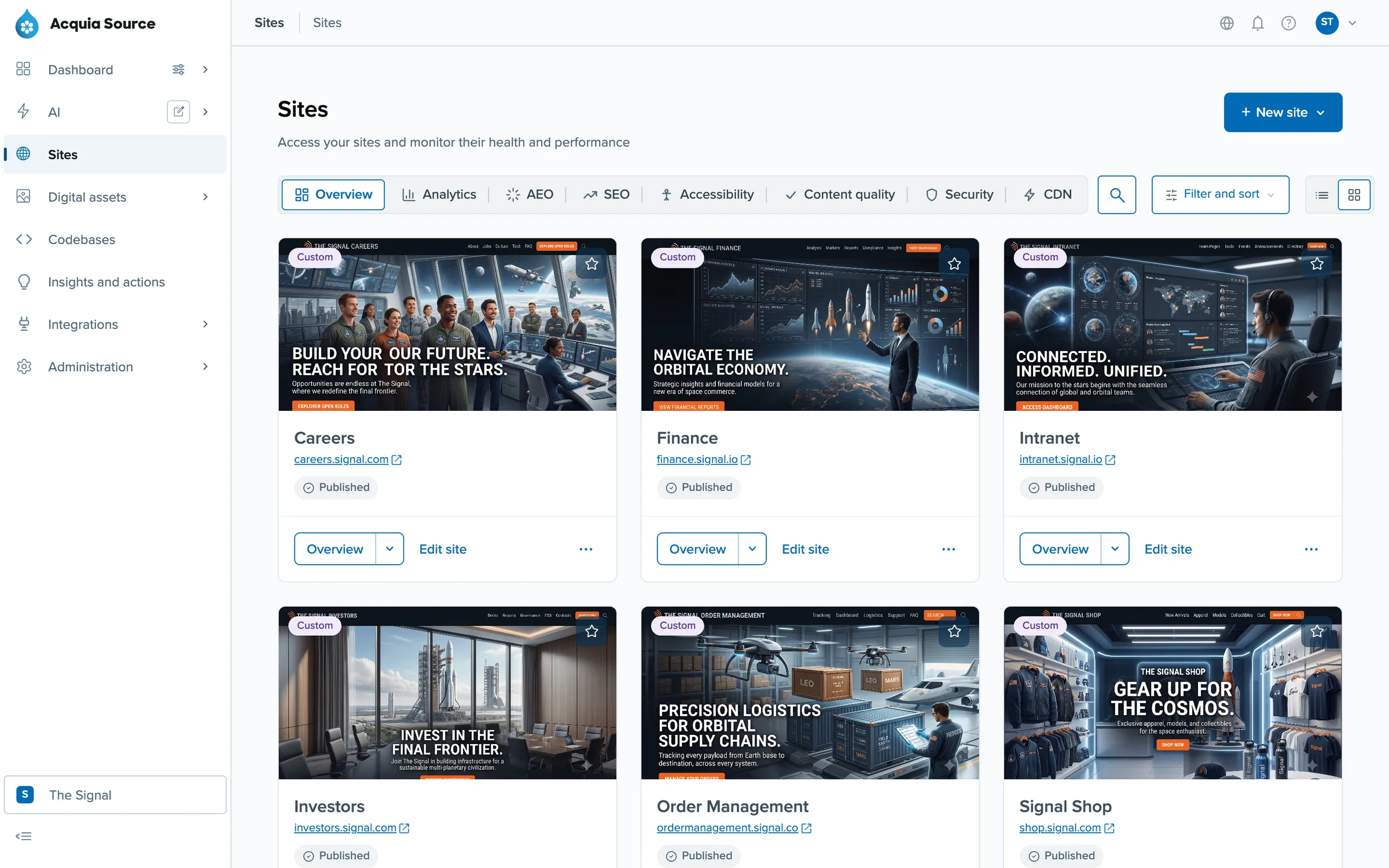 Sites list in the prototype, showing site cards with thumbnails and status