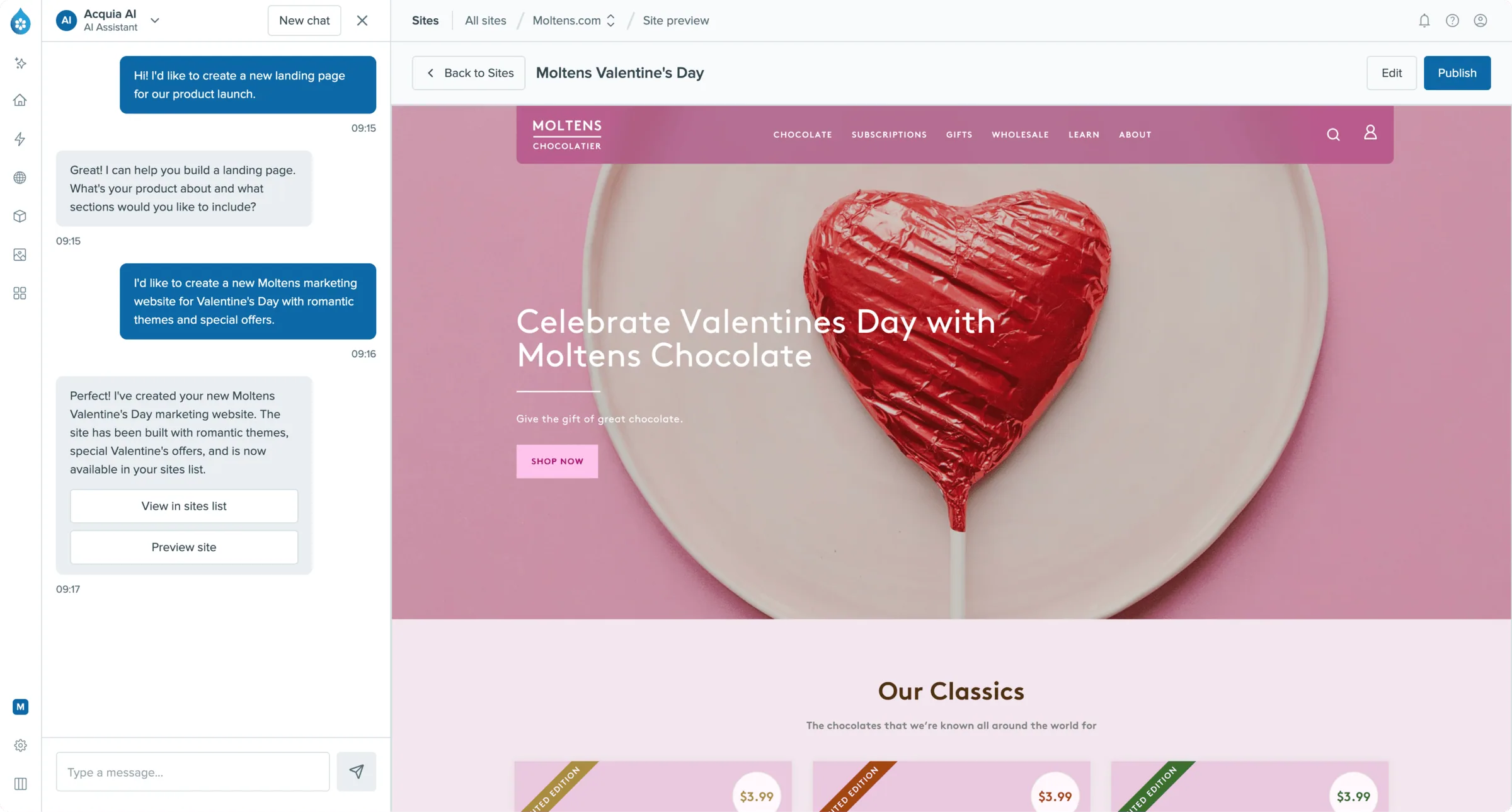 Command Center's AI panel, docked on the left, building a Valentine's Day landing page from a prompt