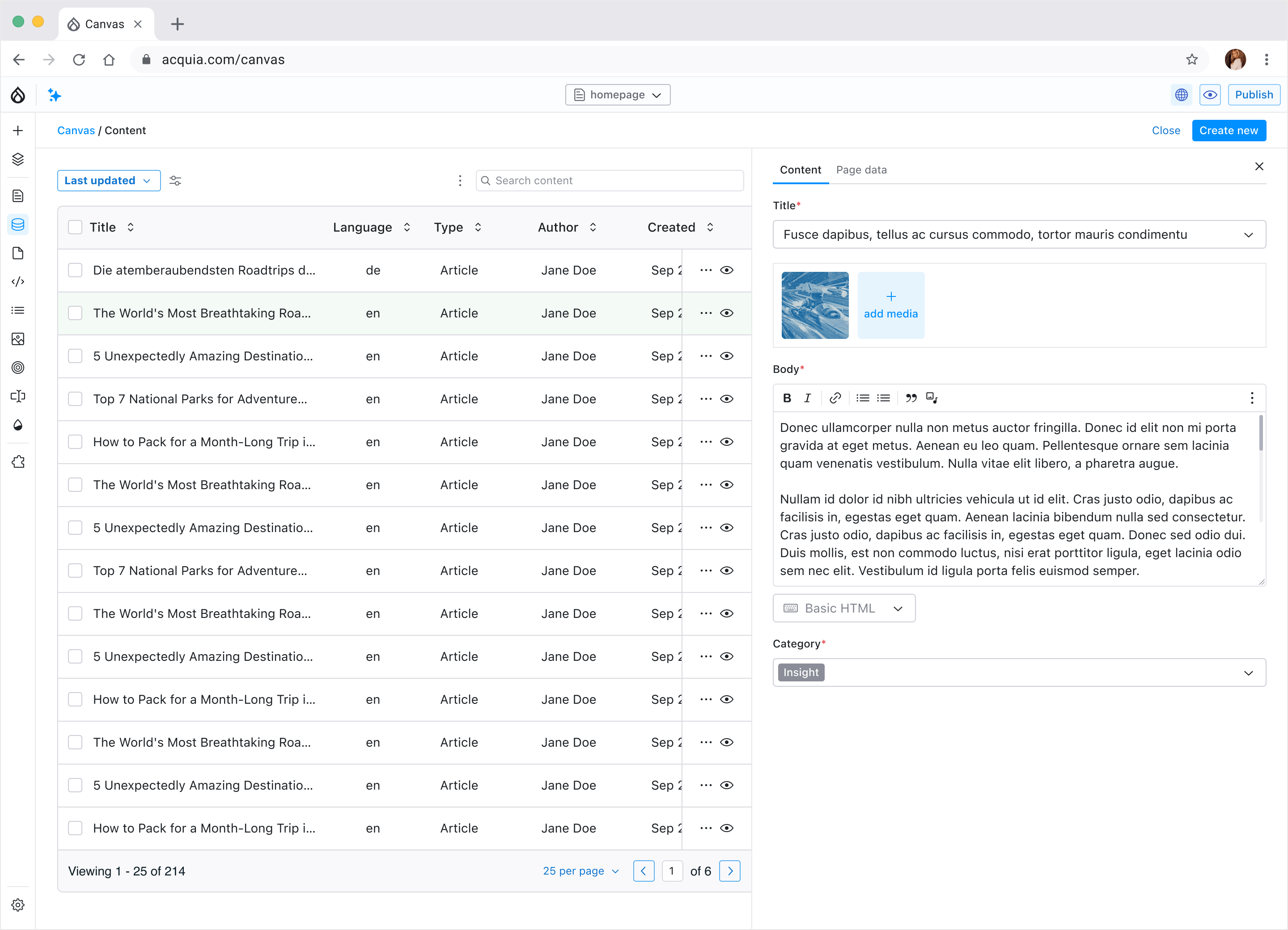 Drupal Canvas content management screen