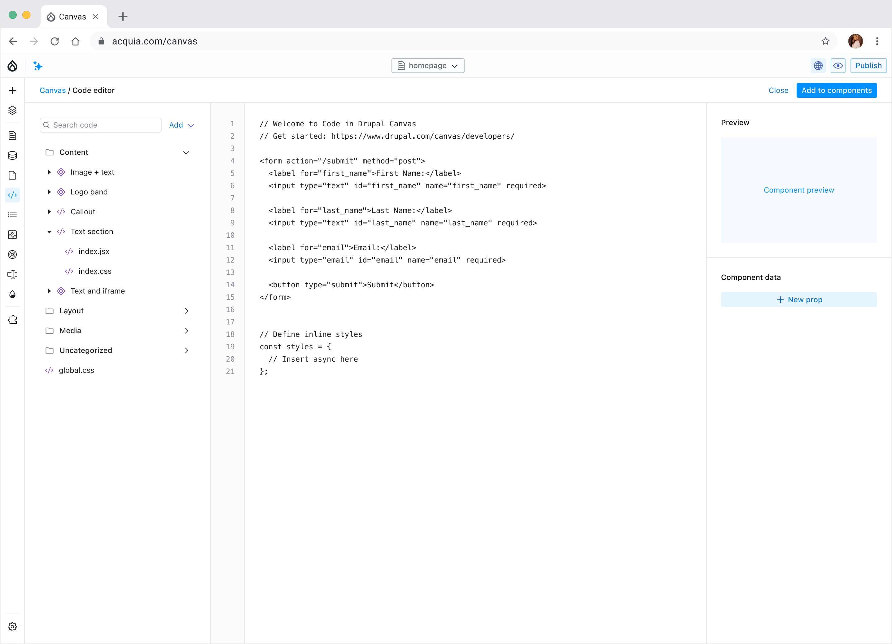 Drupal Canvas code editor screen