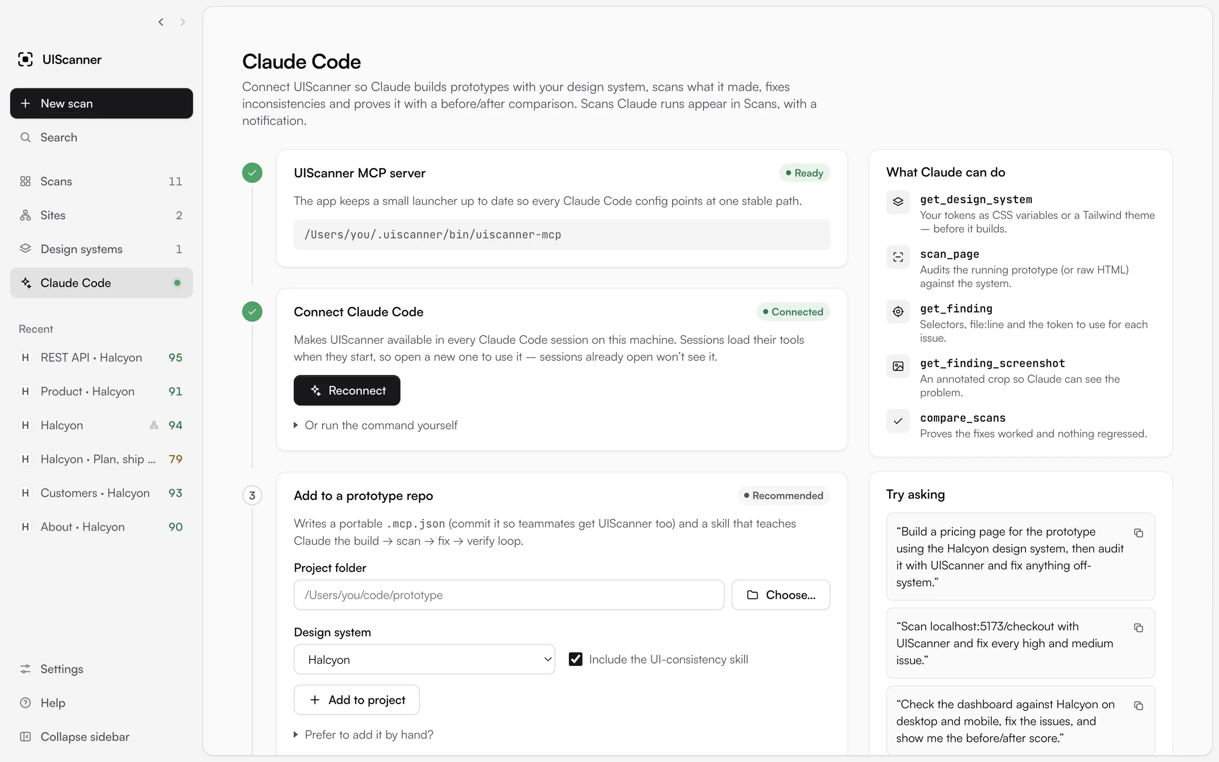 EvenUI's Claude Code page: the MCP server ready, Claude Code connected, a form to add EvenUI to a prototype repo, and example prompts