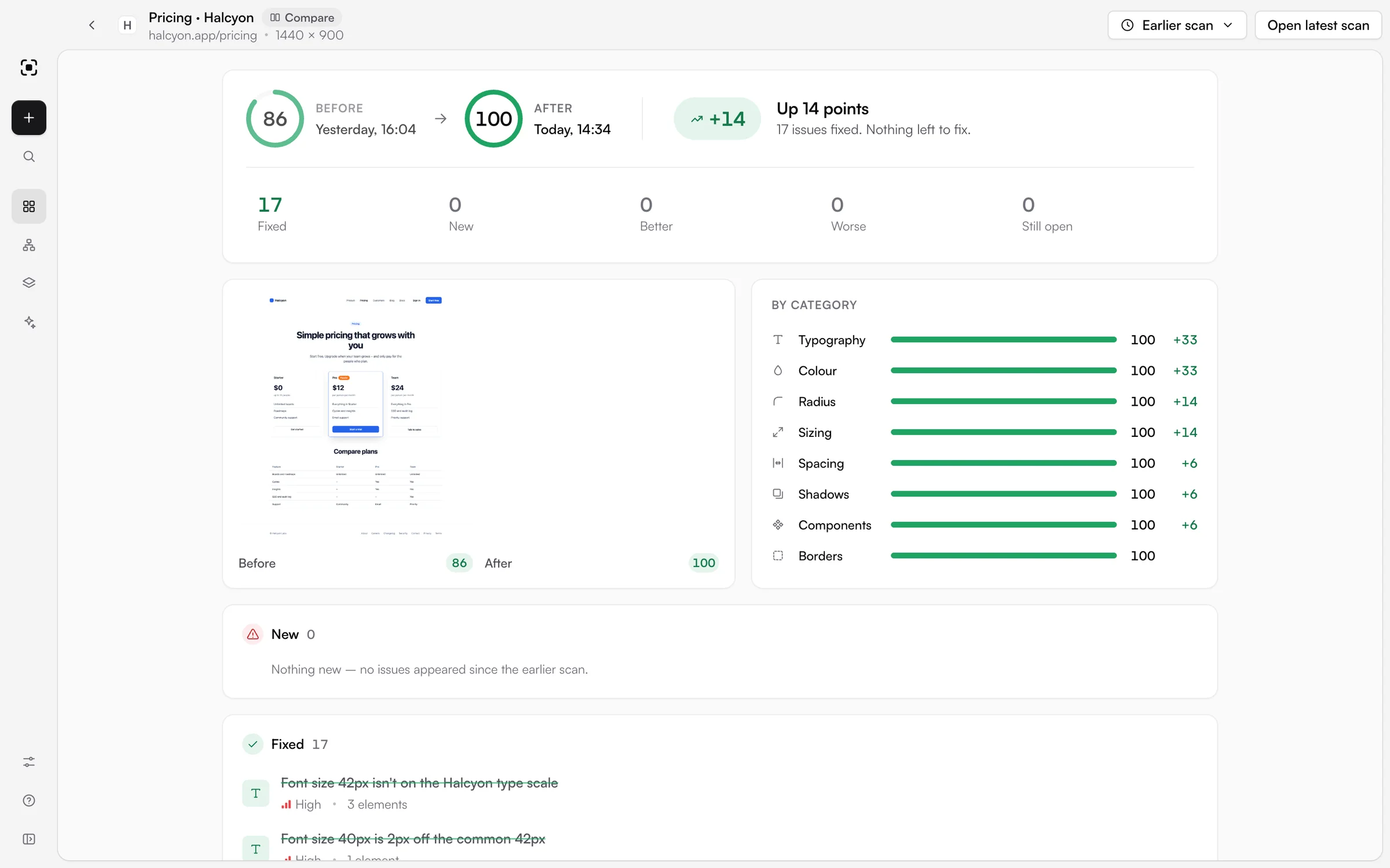 An EvenUI comparison of Halcyon's pricing page: 86 before and 100 after, with 17 issues fixed and every category at 100