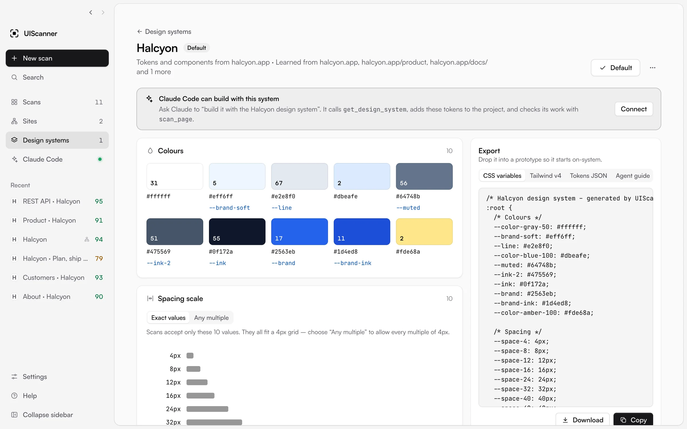 An EvenUI design system page for Halcyon, with its colours, spacing scale and an export panel of CSS variables