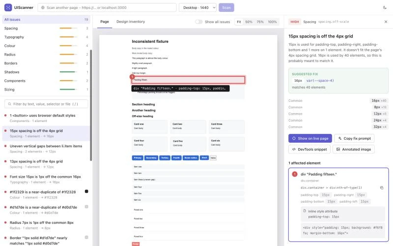 The first version of EvenUI in a browser: a list of issues on the left, a test page in the middle with one element outlined, and a suggested fix on the right