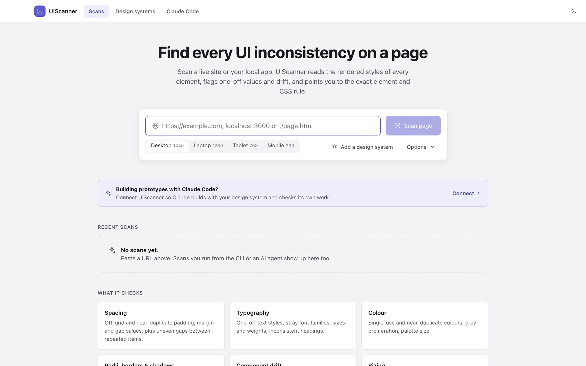 The first desktop build of EvenUI: a large headline, a scan box and cards explaining what it checks