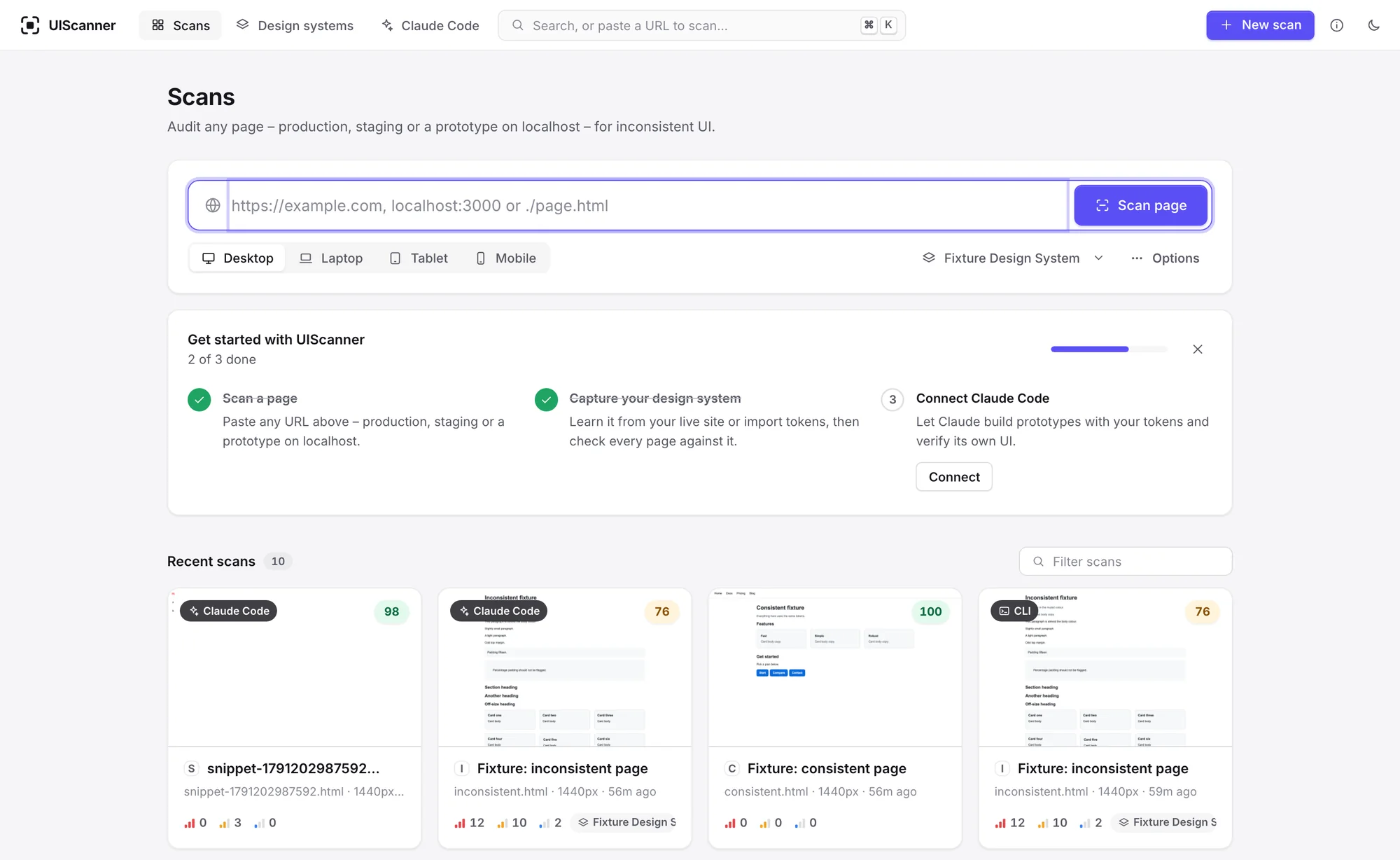 An early build of EvenUI with a top bar, violet buttons and a getting-started checklist