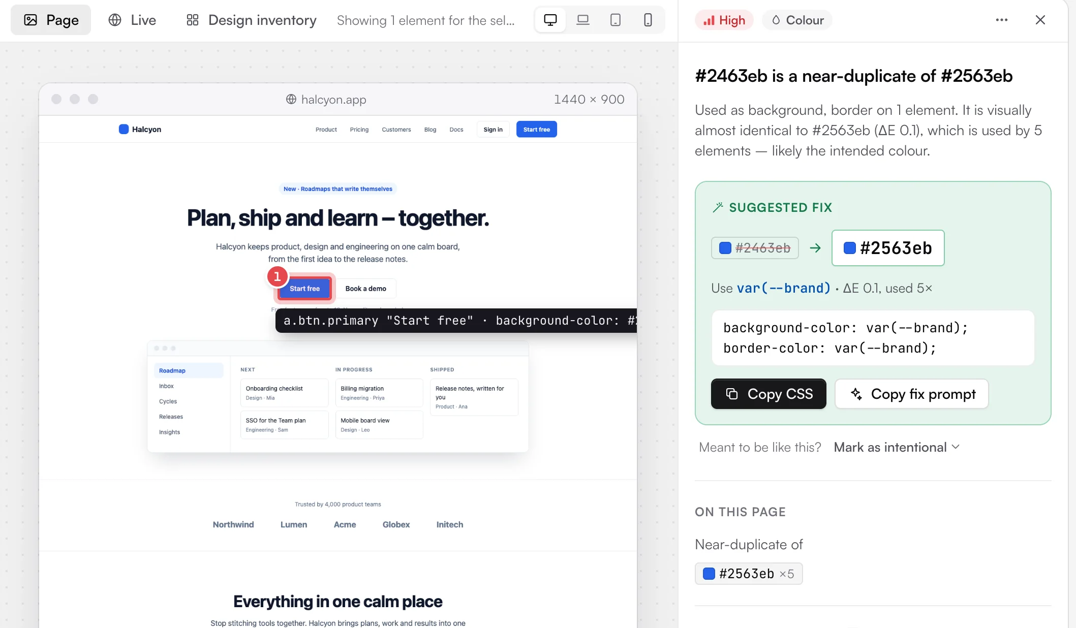 Close-up of an EvenUI report: a button on Halcyon's home page outlined with its selector, and the suggested fix replacing #2463eb with the brand colour #2563eb