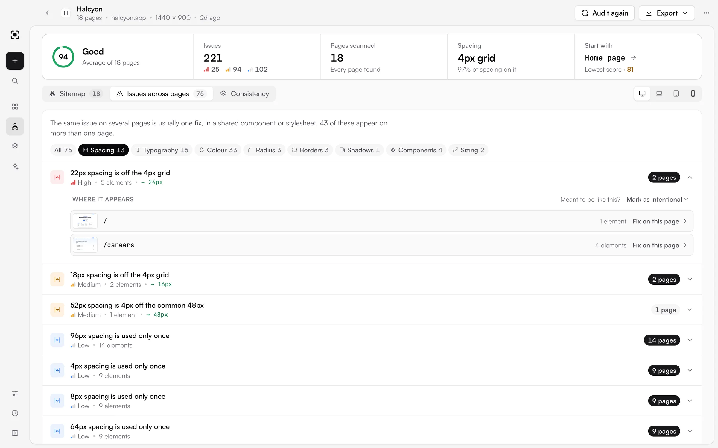 EvenUI's Issues across pages tab filtered to spacing, with a 22px value off the 4px grid expanded to show the two pages it appears on