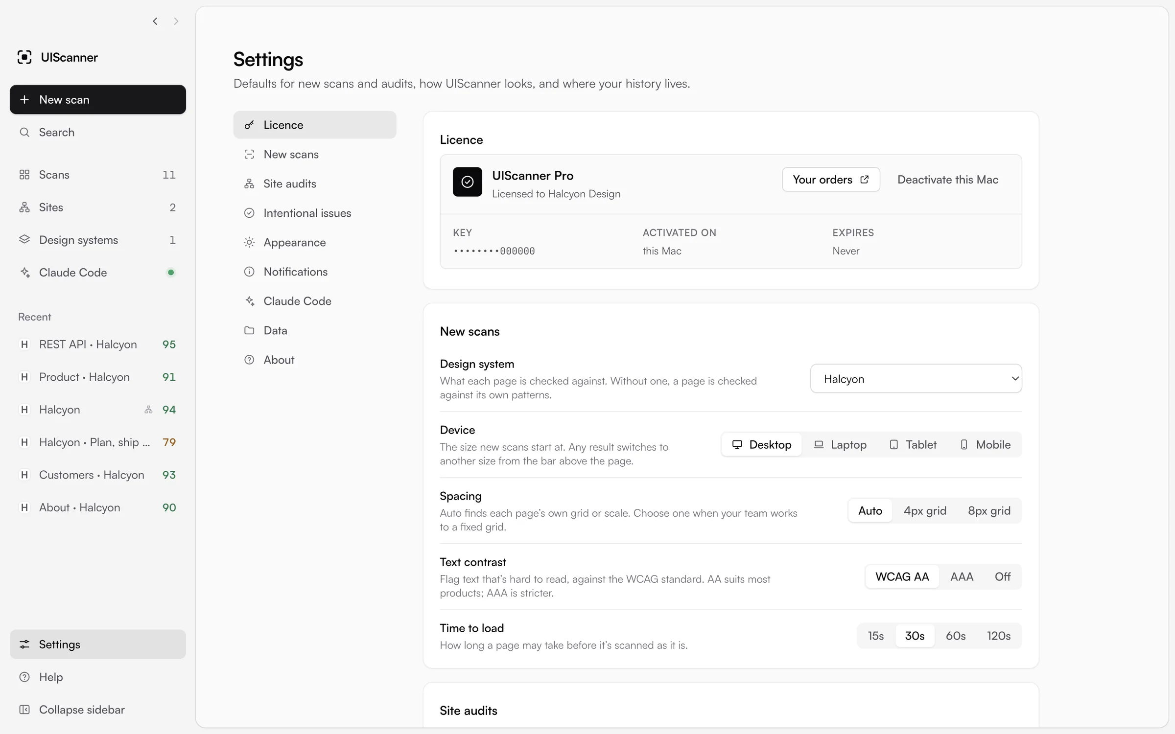 EvenUI Settings with the Licence section showing EvenUI Pro licensed to Halcyon Design, activated on this Mac, never expiring