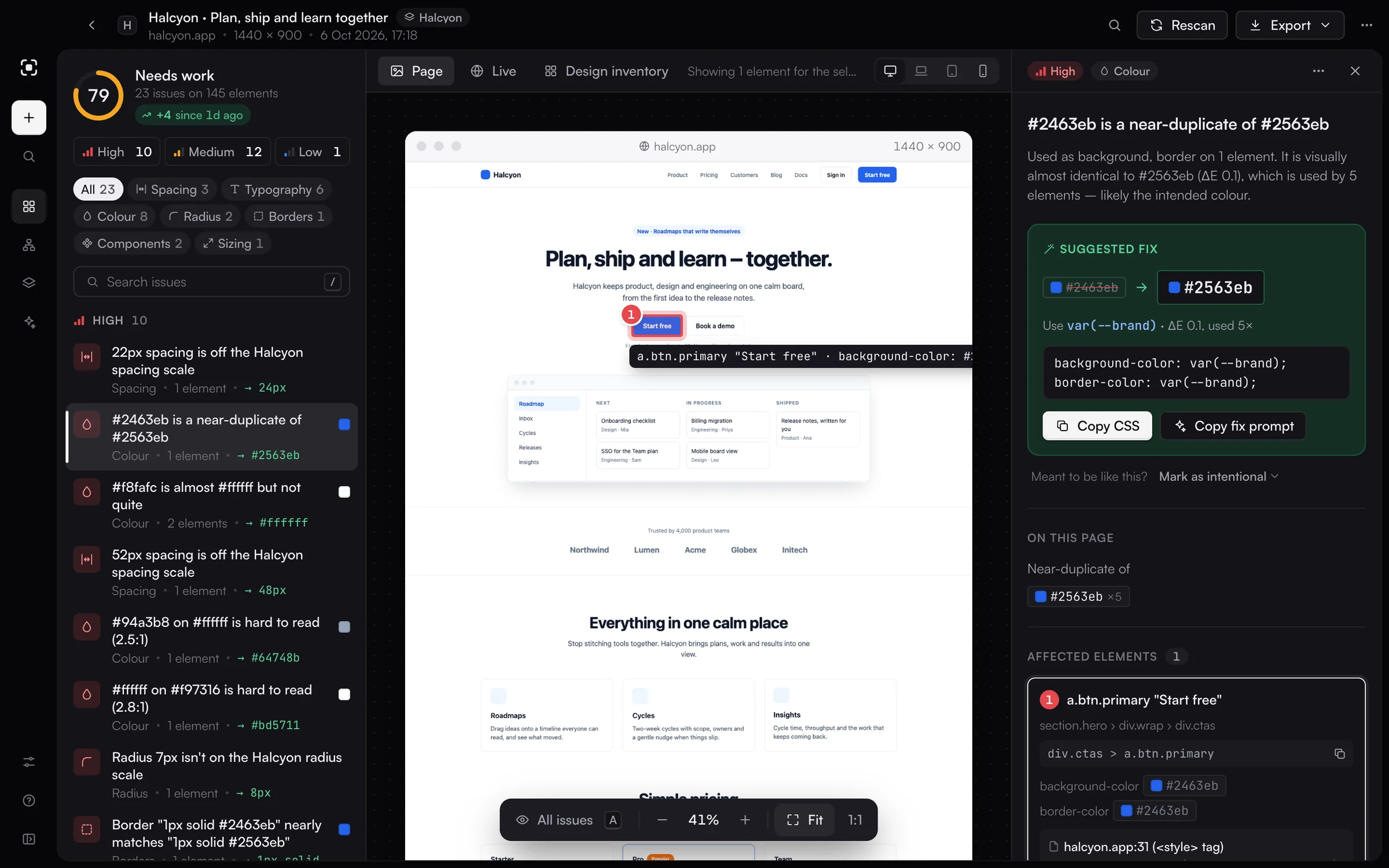 The same EvenUI page report in dark mode