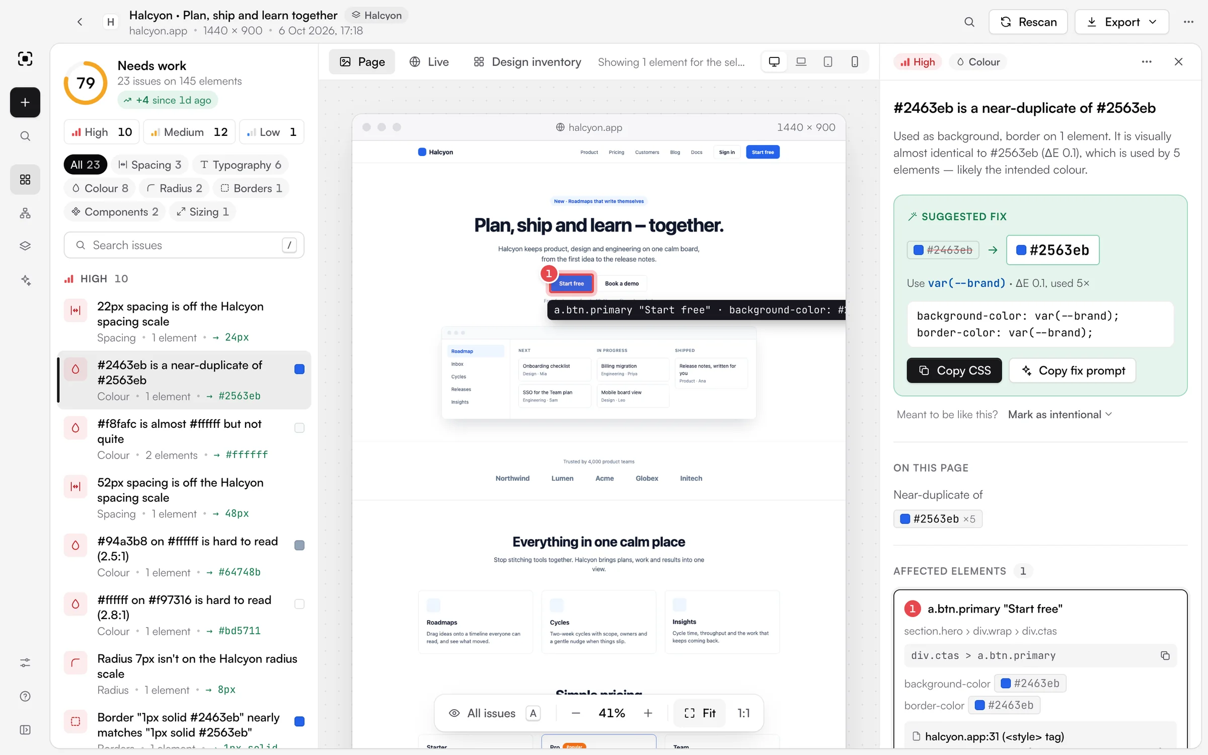 An EvenUI page report for Halcyon's home page: a score of 79, the issue list on the left, the page in the middle with a button outlined, and the suggested fix on the right