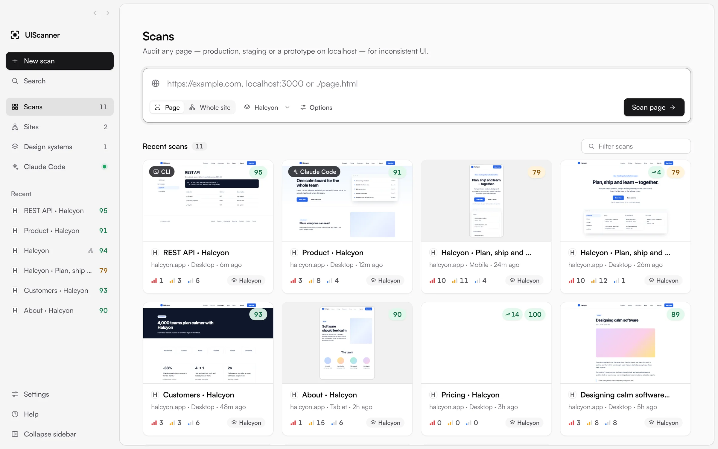 The EvenUI home screen: a scan box at the top and recent scans below, each with a page preview and a score