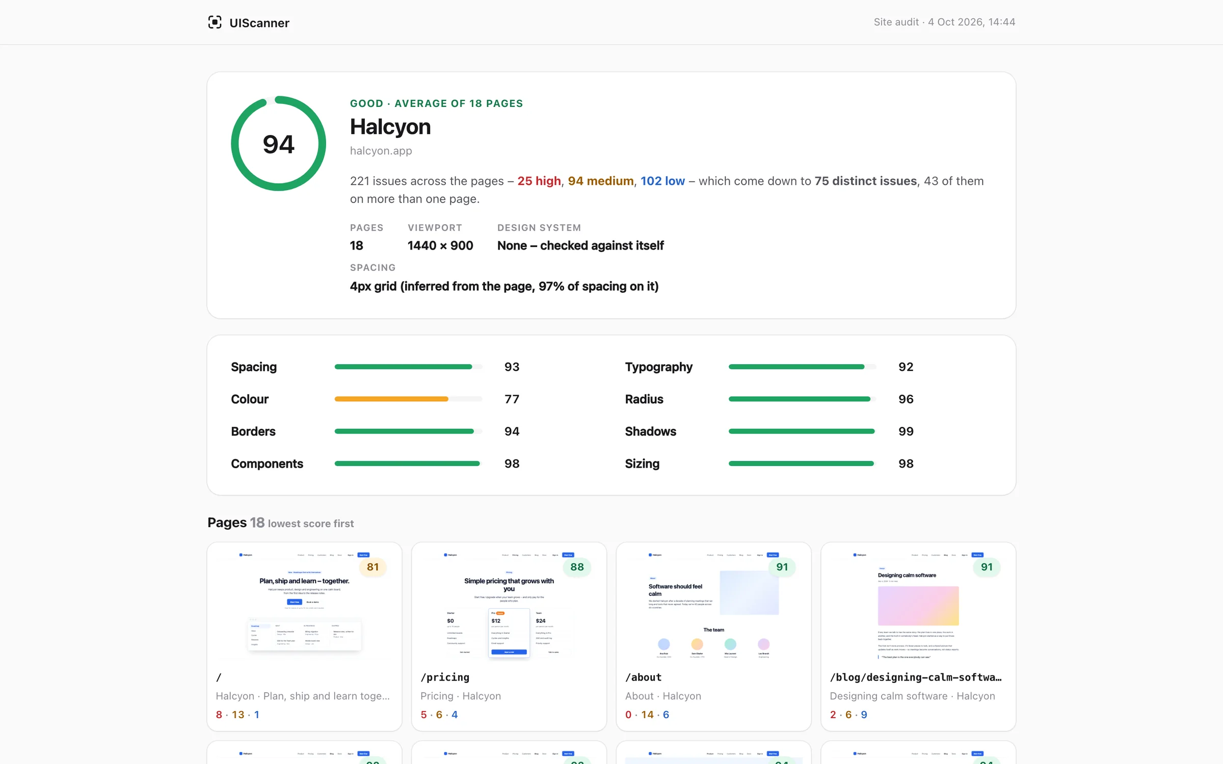 An EvenUI shareable report open in a browser: Halcyon's site audit with an average score of 94, category scores and page previews