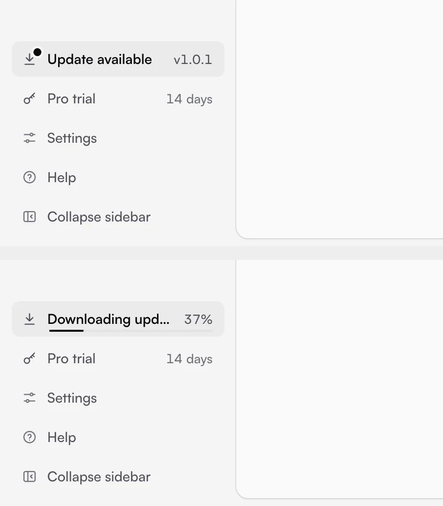 Two crops of the EvenUI sidebar: an Update available row offering version 1.0.1, and below it the same row downloading at 37%