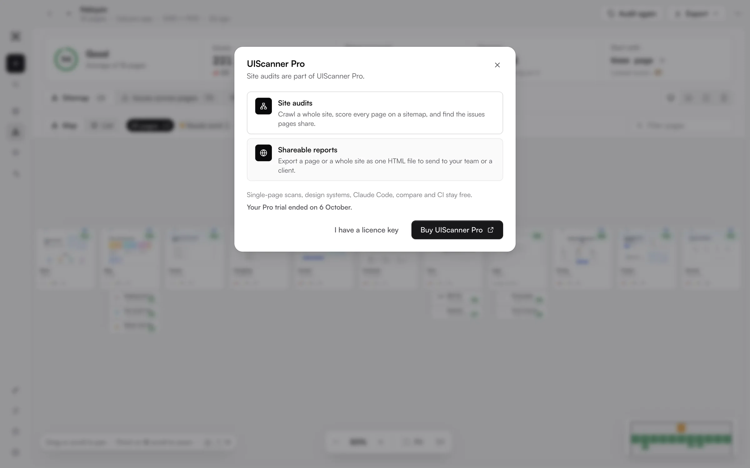 The EvenUI Pro window over a site audit, listing site audits and shareable reports, with Buy EvenUI Pro and I have a licence key buttons