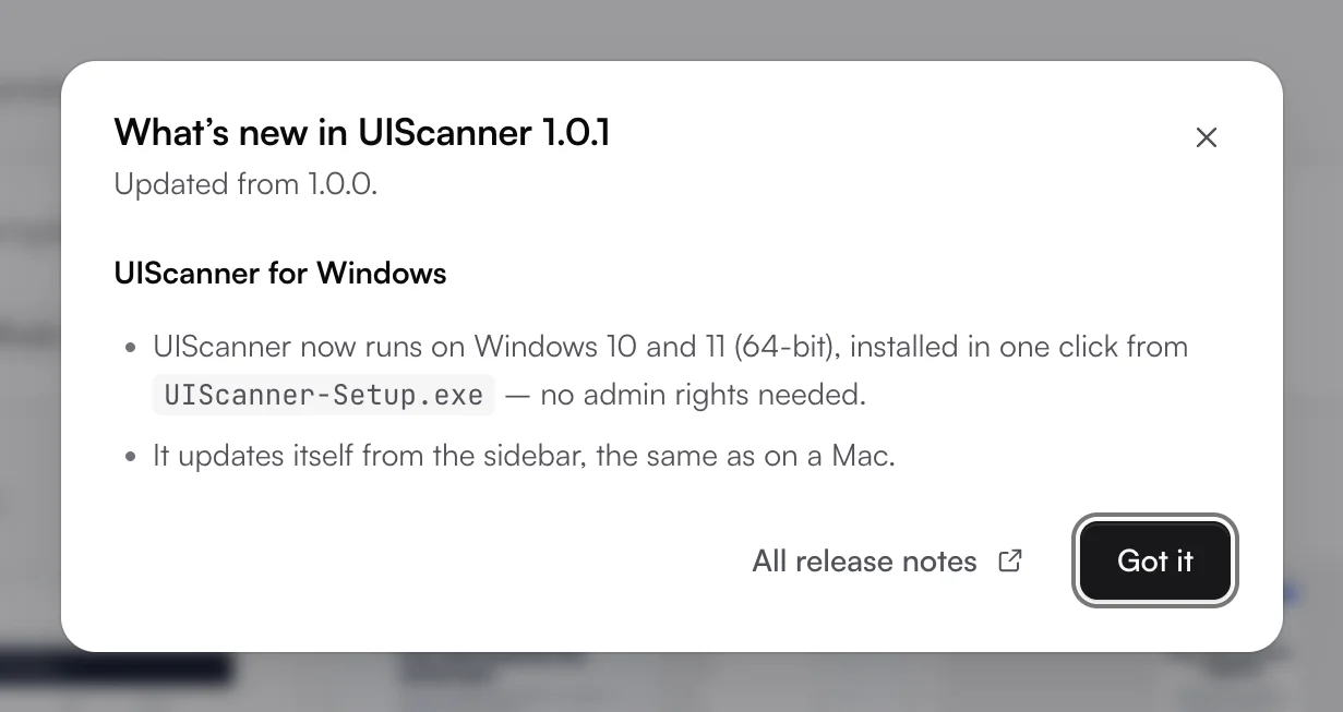 EvenUI's What's new window after updating from 1.0.0 to 1.0.1, describing the new Windows version