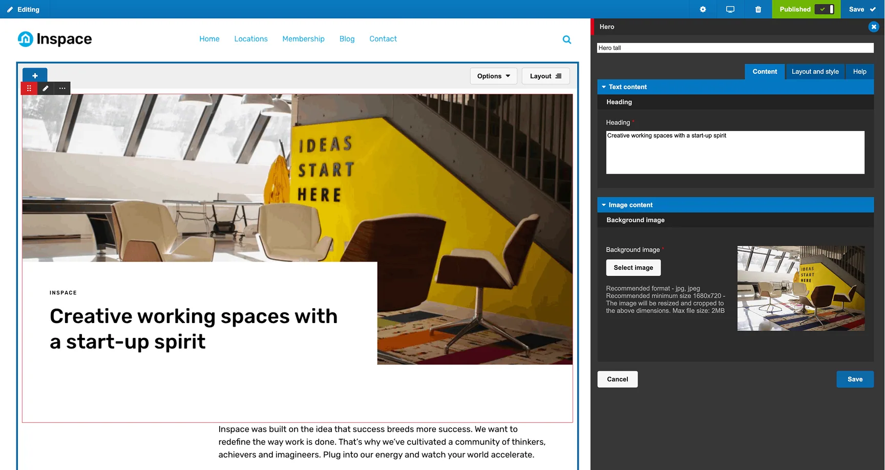 A demo site for a co-working brand, with Site Studio's editing panel open on its hero component